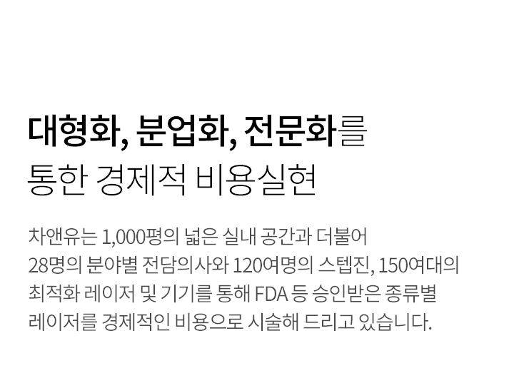 1,000평 규모의 대형 피부과, 분야별 전담의사와 120여명의 스텝진, 150대의 레이저 및 의료기기 보유